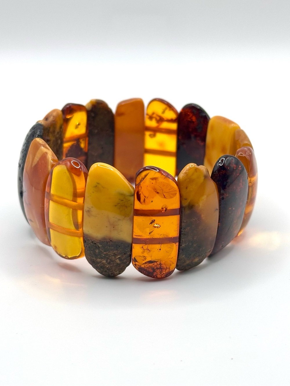 Natural Baltic Amber Bracelet - Stretch Rectangle Pieces Unique Art to Wear